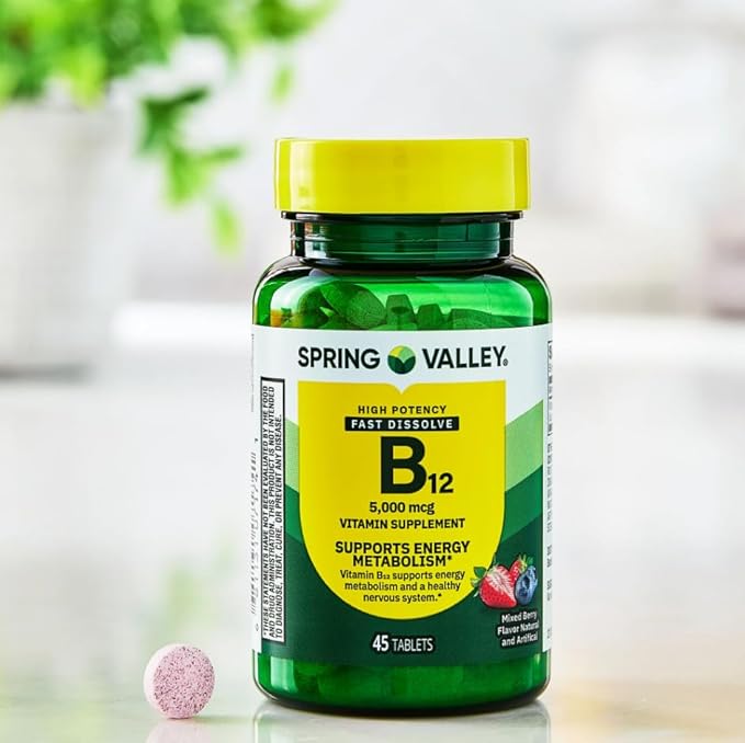 Spring Valley Vitamin B12 Fast Dissolve Tablets, 5000 mcg, Mixed Berry Flavor, Supports Metabolism, 45 Count