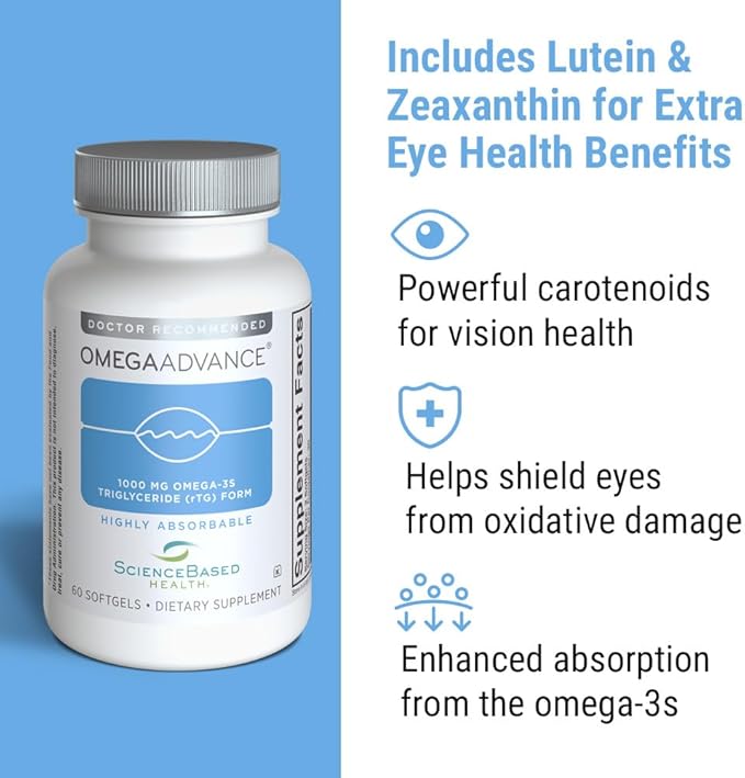 ScienceBased Health OmegaAdvance Omega-3 Fish Oil – Triglyceride Form with 1000 mg EPA & DHA – Plus Lutein & Zeaxanthin – Supports Heart, Brain & Eye Health – Lemon Coated – 60 Softgels