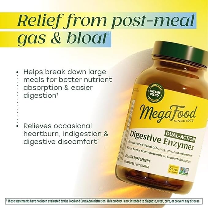 MegaFood Dual-Action Digestive Enzymes for Women & Men - Gas & Bloating Relief for Women & Men - Supports Nutrient Absorption & Digestive Health - Vegan, Gluten Free - 60 Capsules, 60 Servings