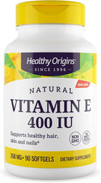 Healthy Origins Vitamin E 400 IU (Natural, Non-GMO, Gluten Free, Skin Support, Cardiovascular Support), 90 Softgels