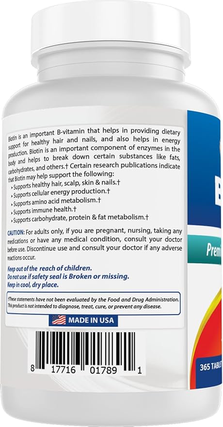 Best Naturals Biotin (Also Called Vitamin B7), 10,000 mcg 365 Tablets (365 Count (Pack of 1))