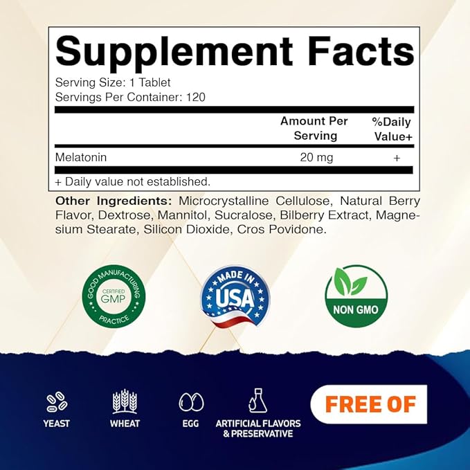 Vitamatic Melatonin 20 mg Tablets | Vegetarian, Non-GMO, Gluten Free | HIGH Potency 20 MG | Natural Berry Flavor (1/2 Tablets = Melatonin 10 mg) (120 Count (Pack of 3))