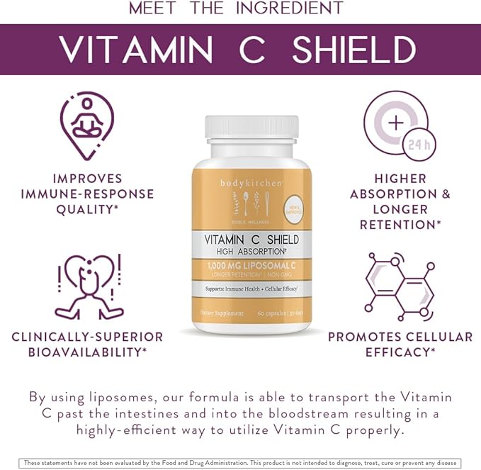Body Kitchen Liposomal Vitamin C Shield, 1000mg PureWay-C, High Absorption, Non-GMO, Supports Immune Health and Cellular Efficacy, Veggie Caps, 60 Count