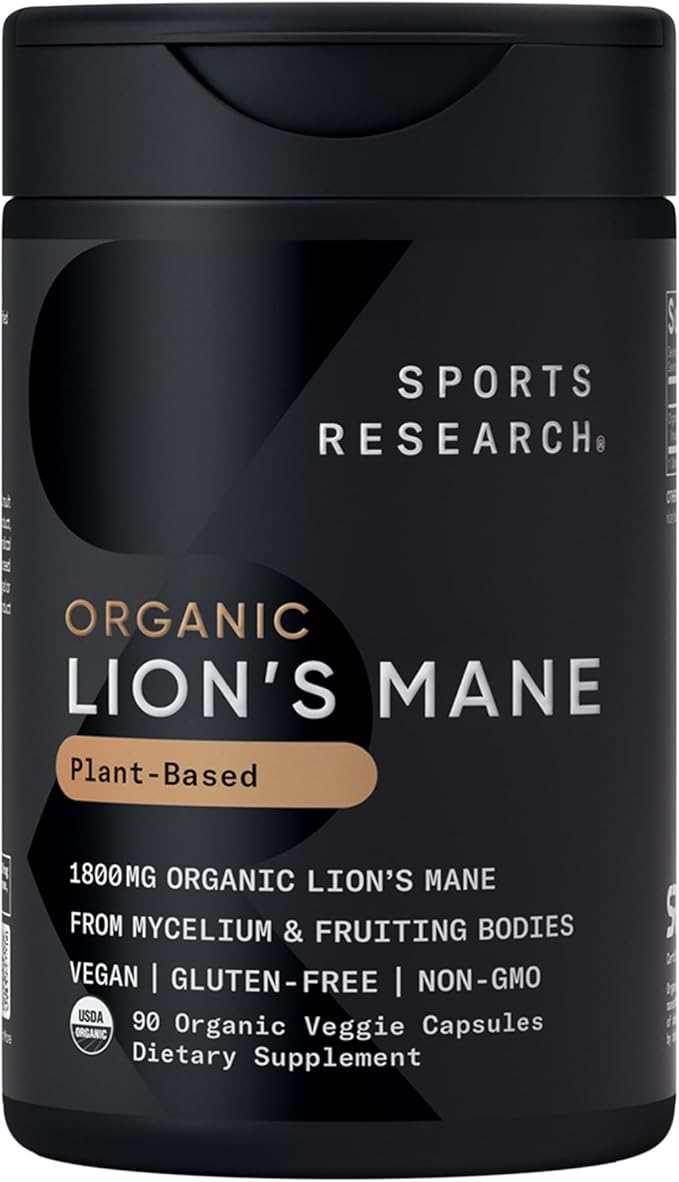 Sports Research® Organic Lion's Mane Mushroom Supplement 1800mg - Brain Health, Focus & Cognitive Supports - USDA Certified Organic · Non-GMO · Vegan - 90 Count Capsules