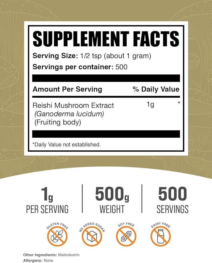 BulkSupplements.com Reishi Mushroom Extract Powder - Reishi Mushroom Powder, Supplement for Overall Well-Being - Gluten Free, 1g per Serving, 500g (1.1 lbs) (Pack of 1)