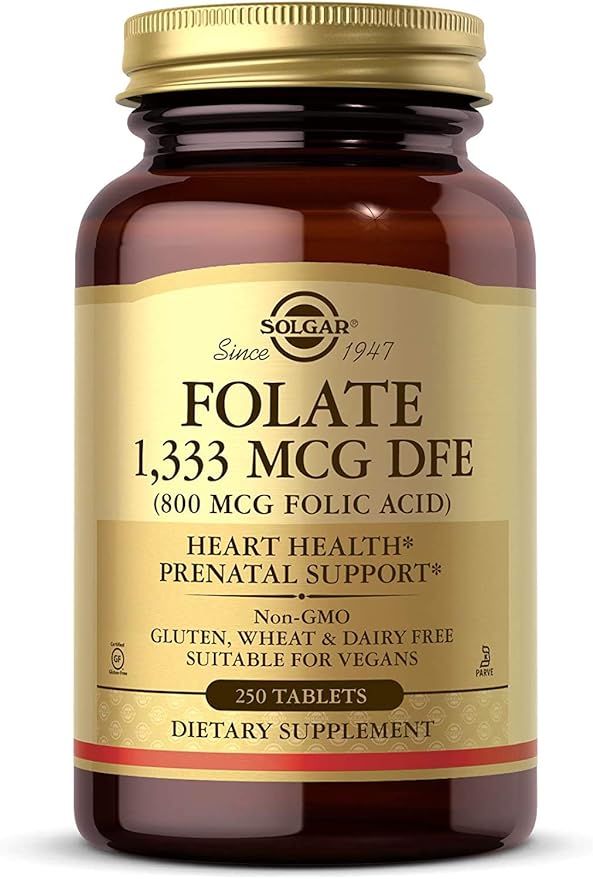 Solgar Folate 1,333 MCG Dietary Folate Equivalent (800 mcg Folic Acid), 250 Tablets - Heart Health, Healthy Nervous System, Prenatal Support - Non-GMO, Vegan, Gluten Free, Dairy Free - 250 Servings