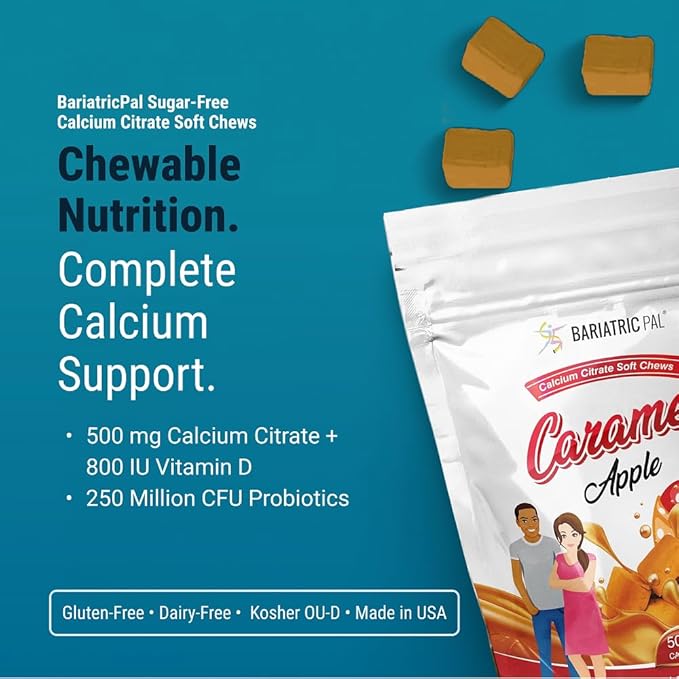 BariatricPal Sugar-Free Calcium Citrate Soft Chews | 500mg with Vitamin D & Probiotics | Caramel Apple | 90 Count (1 Month Supply)