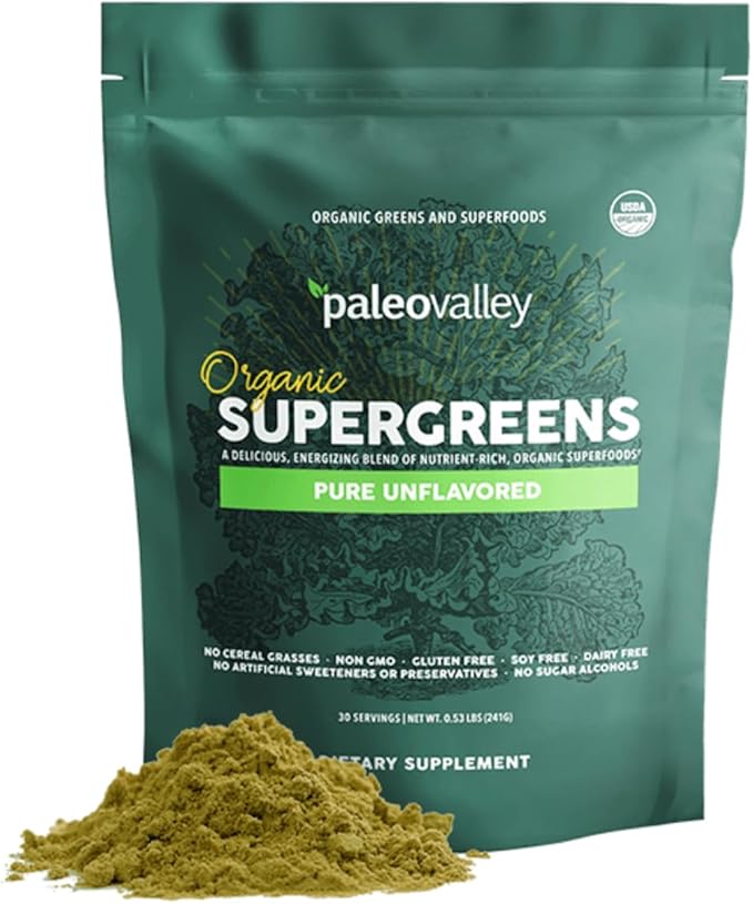 Paleovalley Organic Supergreens Powder - 23 Superfoods with Prebiotic Fiber for Energy and Immunity Support - No Cereal Grasses for Maximum Absorption - Pure Unflavored, 30 Servings