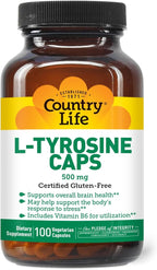 Country Life L-Tyrosine 500mg with Vitamin B6 Supplement - Certified Gluten-Free, Vegetarian, Kosher, Boosts Focus & Energy, Supports Brain Health, Enhances Mental Clarity, Non-GMO - 100 Capsules