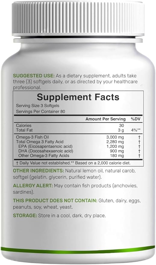 DEAL SUPPLEMENT Omega 3 Fish Oil Supplements, 3,000mg Per Serving, 240 Softgels – EPA 1,200mg + DHA 900mg – Burpless Pills, Lemon Flavored, Wild Caught – Brain & Heart Support – Mercury Free, Non-GMO