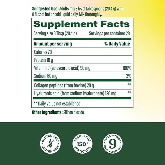 MegaFood Collagen Peptides for Women & Men - Unflavored Collagen Powder with Hyaluronic Acid & Vitamin C - Supports Skin Hair Nails & Joint Health - 20g Grass Fed Bovine Collagen - 20oz, 28 Servings
