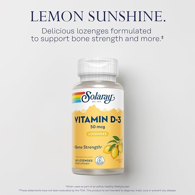 SOLARAY Vitamin D3 2000IU Supplement for Men & Women - Vitamin D as Cholecalciferol, VIT D3 50 mcg for Adults, Bone Strength Support, Natural Lemon Flavor - 60 Lozenges