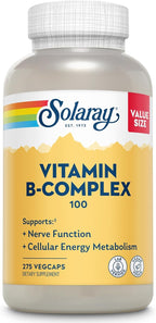 SOLARAY Vitamin B Complex 100mg - Cellular Energy, Nerve and Heart Health Support - Supplies All 8 B Complex Vitamins - Vitamin B12, B1, B2, B3, B6, Niacin, Folic Acid and Biotin - Vegan, 275 Servings