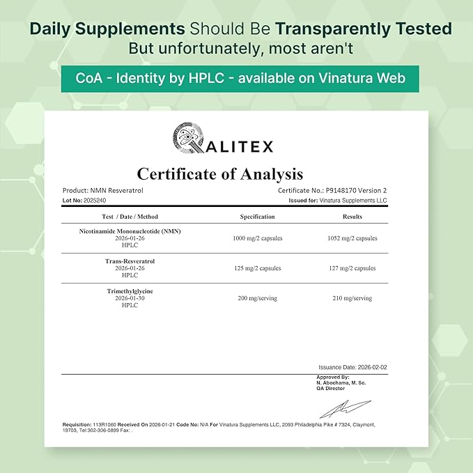 VINATURA NMN Complex Supplement 1325MG - NMN 1000mg with Resveratrol and TMG, Support NAD+, 60 Capsules