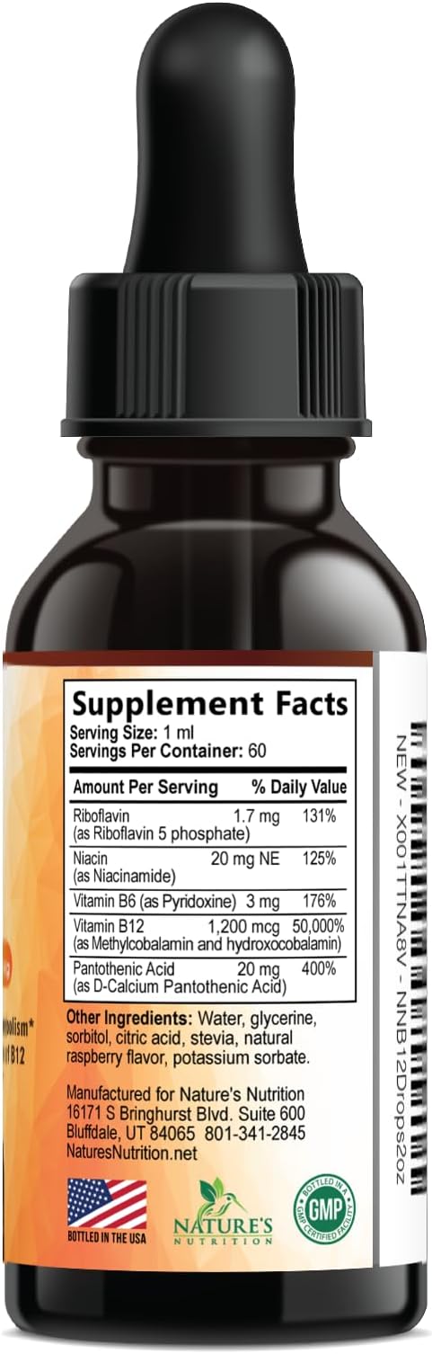 B-12 Vitamin Energy Drops (Methylcobalamin) Extra Strength Super B Complex - Sublingual B12 Liquid for Immune Support, Heart Health & Cellular Energy Support, Raspberry Flavored - 2 Fl Oz