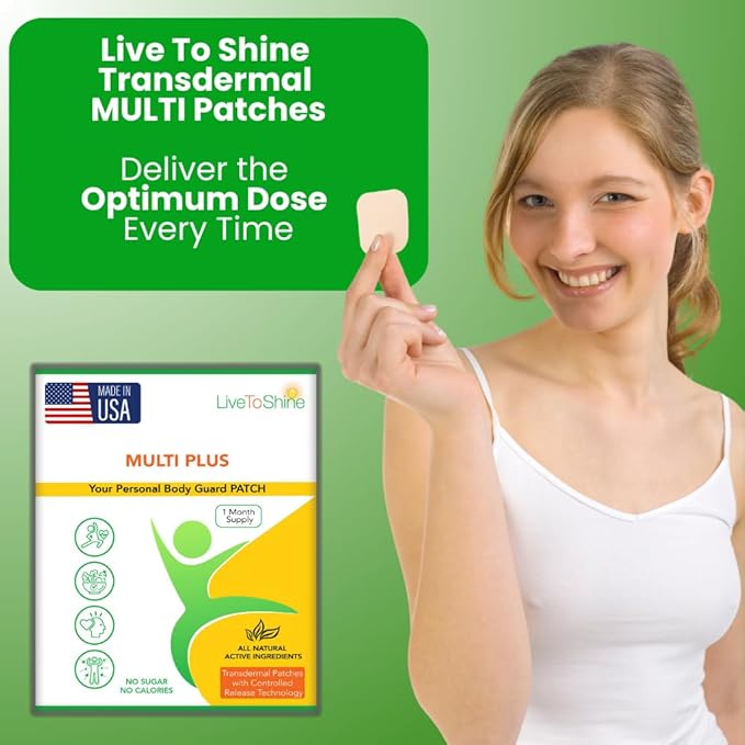 Live To Shine Multi Plus Patch – 30-Day Supply – USA-Made Topical Wellness Patch for Women & Men – Vegan, Sugar-Free, Gluten-Free, Non-GMO – Daily Energy & Immune Support
