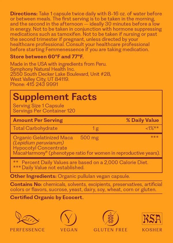 Femmenessence® MacaHarmony® – Clinically Studied Hormone Balance Support for Menstrual Health, PMS Relief, Mood, Skin & Fertility, 240 Natural Organic Vegan Capsules (120 Day Supply)