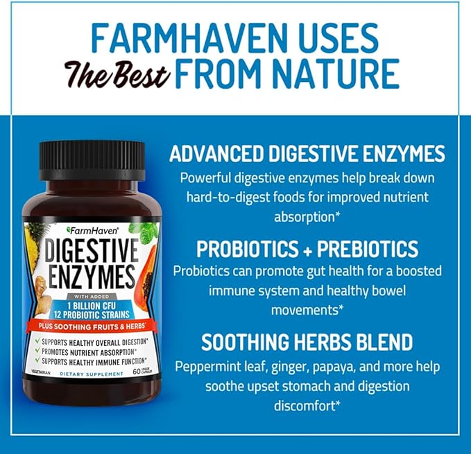 FarmHaven Digestive Enzymes with 18 Probiotics & Herbs | Papaya, Bromelain, Protease & More for Lactose Absorption & Better Digestion | Helps Bloating, Gas, Constipation | Vegetarian, 120 Capsules