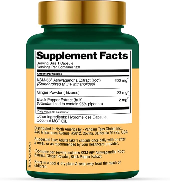 VAHDAM KSM -66 Ashwagandha 625 mg with Ginger & Piperine, Support Stress Relief (120 Capsules)