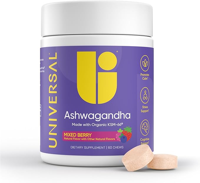 Universal U Calm + Focus Ashwagandha Chews – KSM-66® 300 mg Clinically Studied Extract for Stress Relief, Mood Balance & Calm Energy – Mixed Berry Flavor – 60 Chews