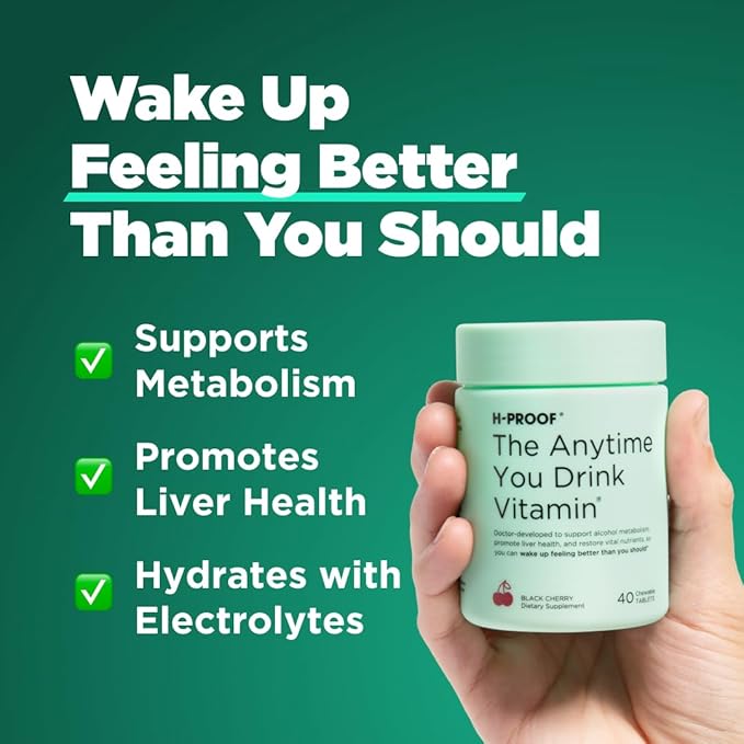 H-PROOF The Anytime You Drink Vitamin, Liver Health & Immunity Support with Electrolytes, Milk Thistle, and Vitamins B & C - 40 Chewable Tablets (20 Servings), Vegan, Green Apple