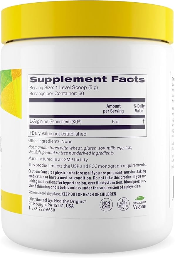 Healthy Origins L-Arginine Powder 5,000 mg per Serving, 10.6 oz (300g) - American-Made USP Grade Amino Acid, Nitric Oxide Precursor Supports Heart Health, Sports Recovery & Performance - 60 Servings
