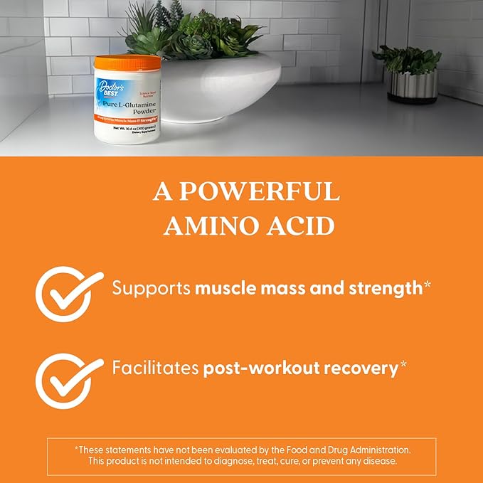 Doctors Best Pure L Glutamine Powder Supplement for Men & Women - L-Glutamine 5g Per Serving, Amino Acid Support, Supports Muscle Mass & Strength, Non-GMO, Gluten Free, Soy Free, Vegan - 10.6 oz