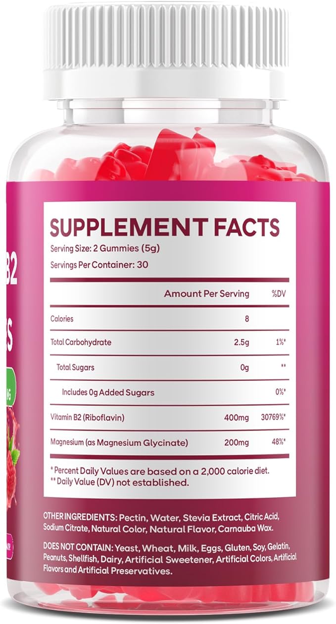 Vitamin B2 Gummies Riboflavin 400mg Supplement with Magnesium for Kids & Adults B2 Gummies for Nervous System Support & Skin Health, Sugar-Free, Raspberry Flavor, 60 Count