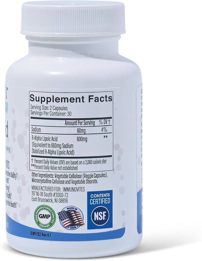 IMMUNOVITES 3-Pack Stabilized R-Alpha Lipoic Acid ((True)) 600mg per Serving [[High Potency & up to 40x Increased Absorption]] (Na R-ALA) (Na R-LA) (Na R-Lipoate) (3 Bottles)