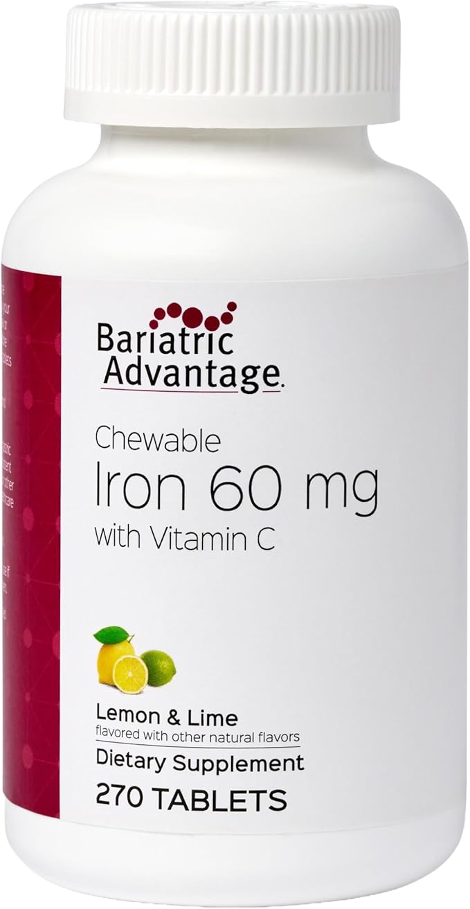 Bariatric Advantage Chewable Iron 60 mg - for Bariatric Surgery Patients - Iron with Vitamin C - No Iron Taste - Carbonyl Iron Supplement - Lemon & Lime - 270 Count