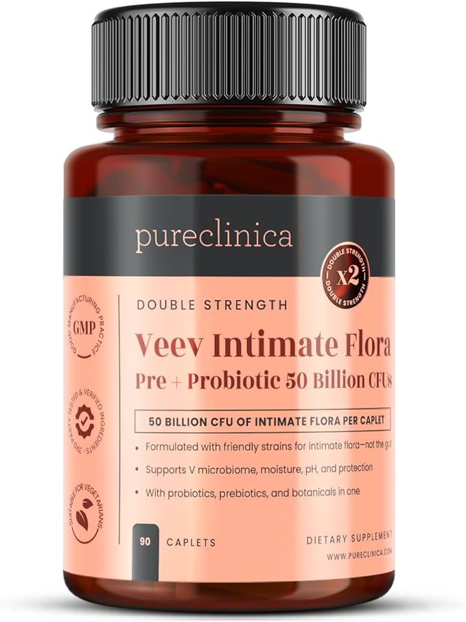 Veev Intimate Flora - Vaginal & Gut Microbiome Support – 50 Billion CFU – Probiotics, Prebiotics, Cranberry, D-Mannose, Hyaluronic Acid – 90 Caplets – 3 Month Supply
