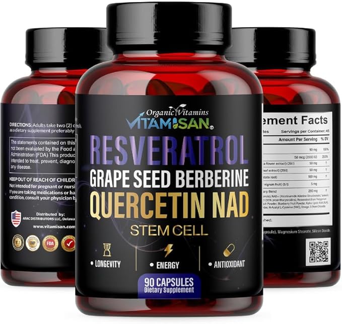 VITAMISAN Resveratrol NAD+ Quercetin Berberine & Grape Seed – Antioxidant Energy Formula – 2 Bottles (180 Capsules) Stem Cell Suplement NMN Nicotinamide Riboside – Made in USA