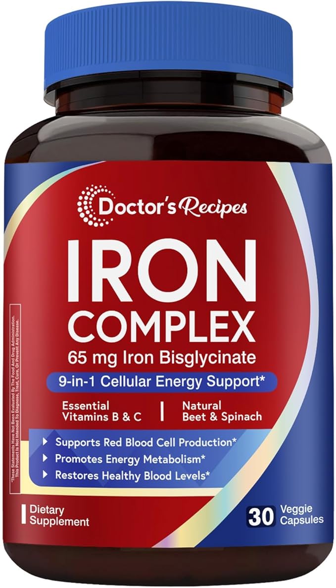 Doctor's Recipes Iron Supplement for Women, 65 mg Iron Bisglycinate, w/Vitamins C, B6, Folic Acid & B12, Beet Root & Spinach, Energy Production & Blood Health, Stomach Friendly, 30 Vegan Capsules