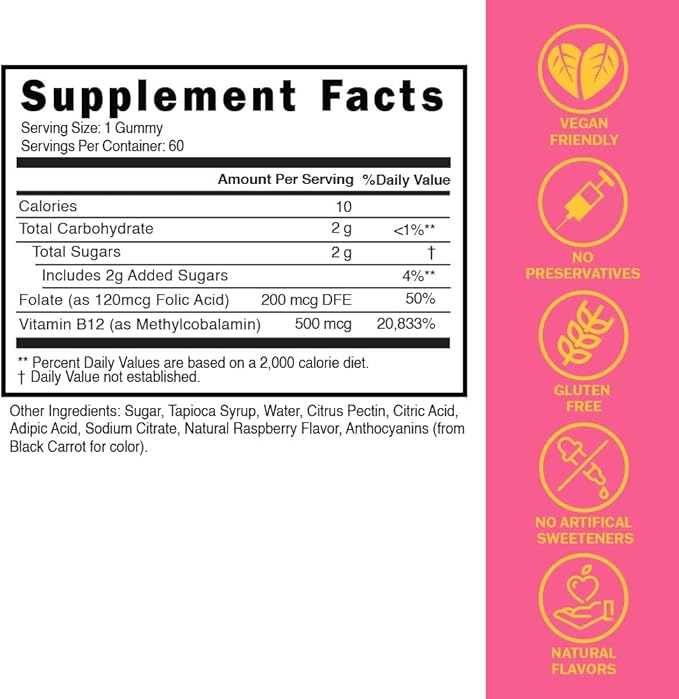 Kids & Teens Energy Support with Vitamin B12 + Folate (B9) - Supports Energy Production, Brain Function & Metabolism - Gluten Free - Raspberry Flavor - Soft Chew 60 Gummies (60 Servings)