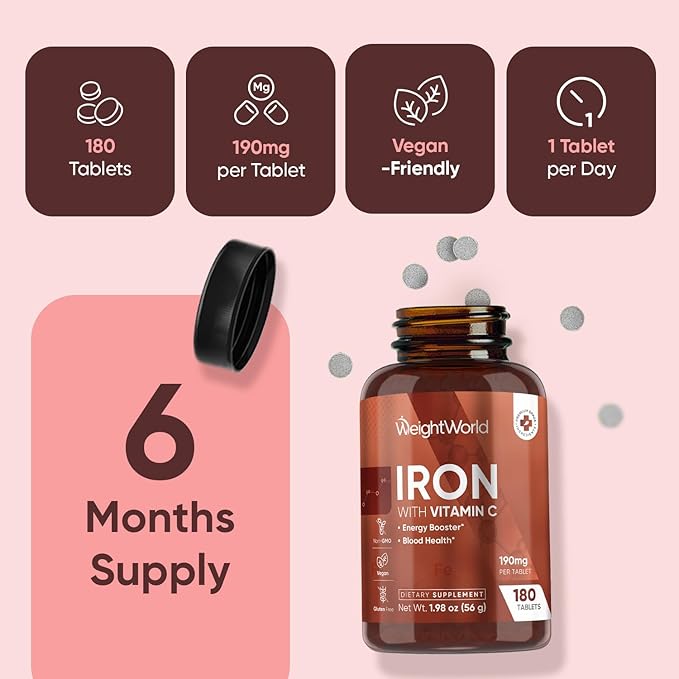 WeightWorld Iron Supplement 65mg - with Vitamin C 125mg - 180 Tablets (6 Months Supply) - Gentle Carbonyl Iron Supplement for Women & Men - Energy Booster & Blood Heath - Vegan, Non-GMO & Gluten-Free