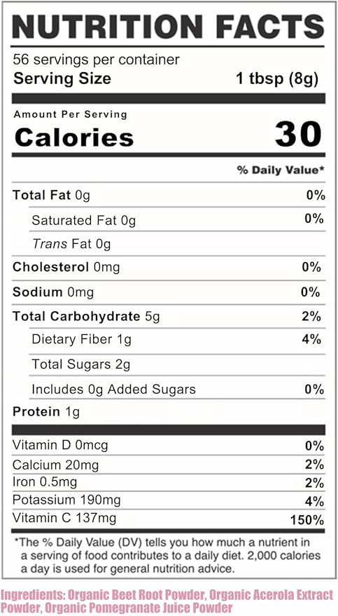 Cherie Sweet Heart USDA Organic Beets Superfood Powder, 3-in-1 Nitric Oxide, Support Healthy Blood Pressure and Blood Circulation, 454g, 16 oz Pouch