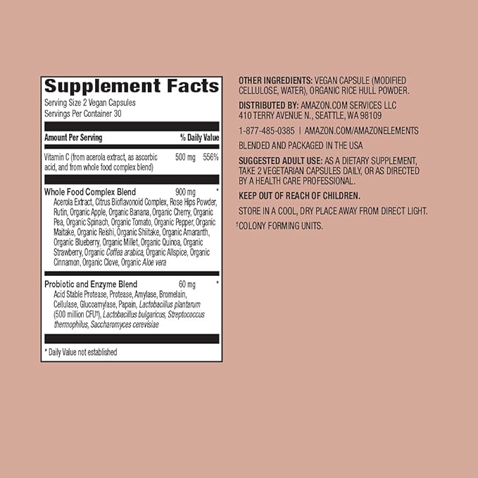 Amazon Elements Whole Food Vitamin C, 60 Capsules (Pack of 2)