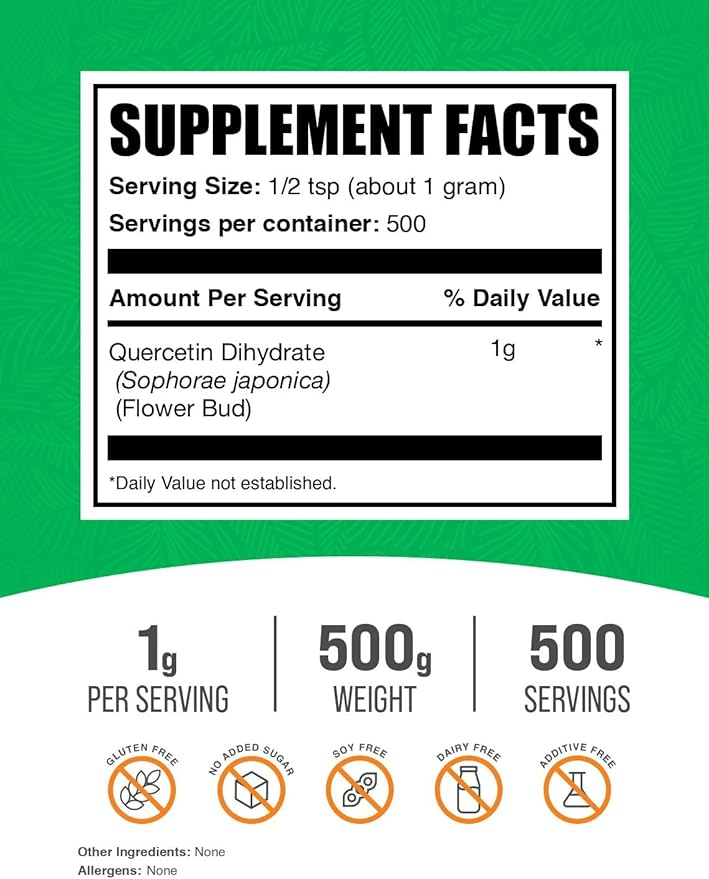 BulkSupplements.com Quercetin Dihydrate Powder - Quercetin Supplements, Antioxidants Source - Vegan & Gluten Free, 1g per Serving, 500g (1.1 lbs) (Pack of 1)