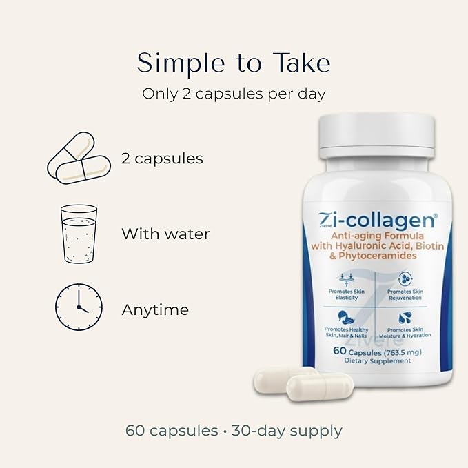 Zi-Collagen Marine Collagen Capsules for Skin, Hair & Nails – Collagen Supplement with Phytoceramides, Hyaluronic Acid, Biotin & Vitamins A C D3 E – 60 Capsules
