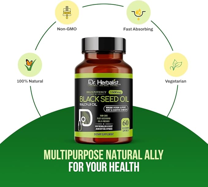 Dr. HERBALIST Black Seed Oil Capsules 1600mg - Cold Pressed Nigella Sativa Softgels with Thymoquinone | Supports Overall Wellness & Immune Vitality* | Halal, Non-GMO | 60ct