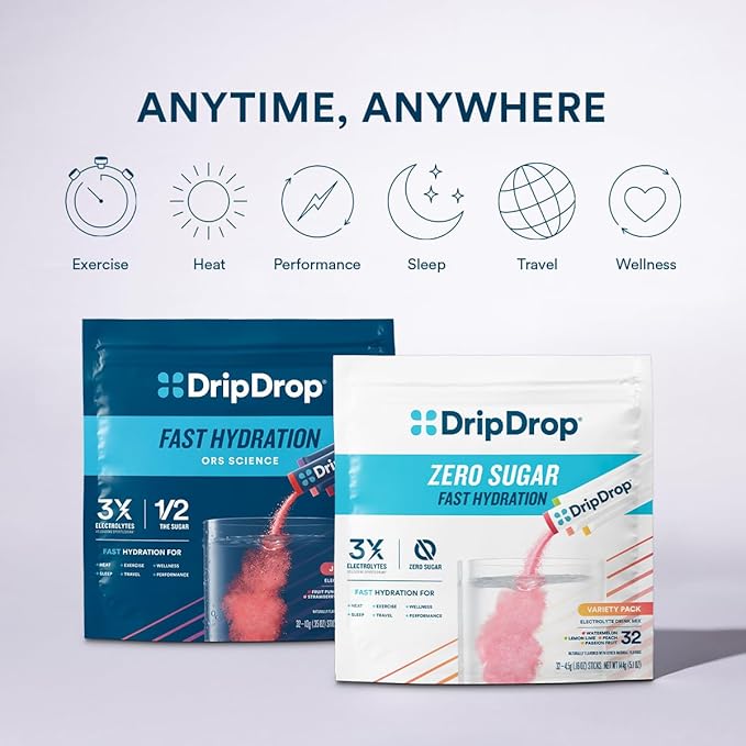 DripDrop Sugar Free Hydration Packets - Zero Strawberry Lemonade - Single Serve Electrolytes Powder Drink Mix - Non-GMO, Gluten Free, Vegan - 32 Sticks