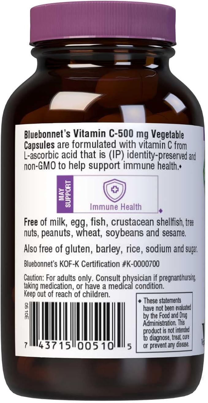 Bluebonnet Nutrition Vitamin C 500 mg Vegetable Capsules, Ascorbic Acid, for Immune Health & Skin Health, Vegan, Vegetarian, Non GMO, Gluten Free, Soy Free, Milk Free, Kosher, 90 Vegetable Capsules