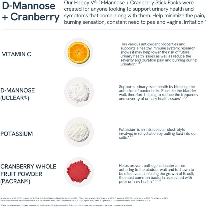 Happy V D-Mannose + Cranberry Stick Packs | Dr Formulated Urinary Tract Support Supplement | D Mannose Supplements for Women - Bladder Support - Promotes Urinary Comfort - 15 Stick Packs