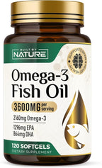 Built by Nature Omega-3 Fish Oil 3600mg – High EPA & DHA – 2160mg Omega 3s per Serving – Triple Strength Burpless Softgels – Heart & Brain Support – 120 Softgels