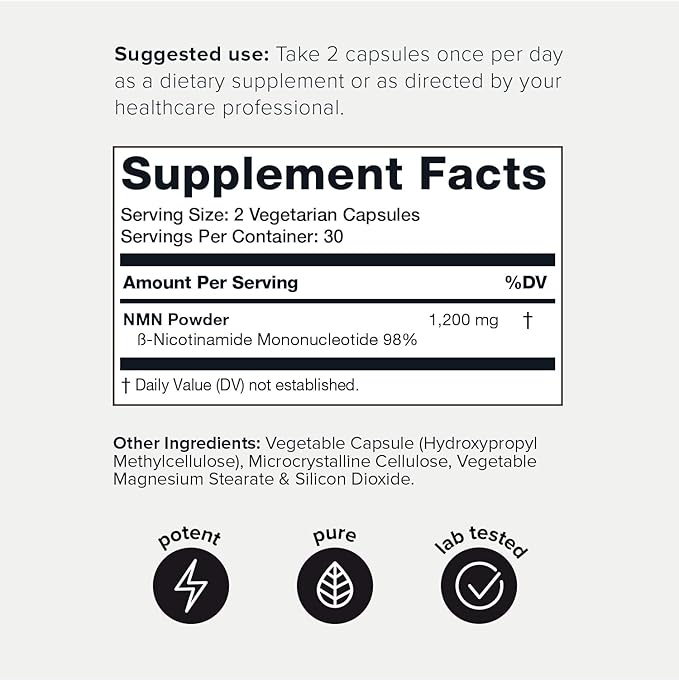Toniiq NMN Supplement 1200mg - Third Party Tested Stabilized Capsules - 98% Highly Purified for NAD + - 60 Capsules Nicotinamide Mononucleotide Booster Supplement