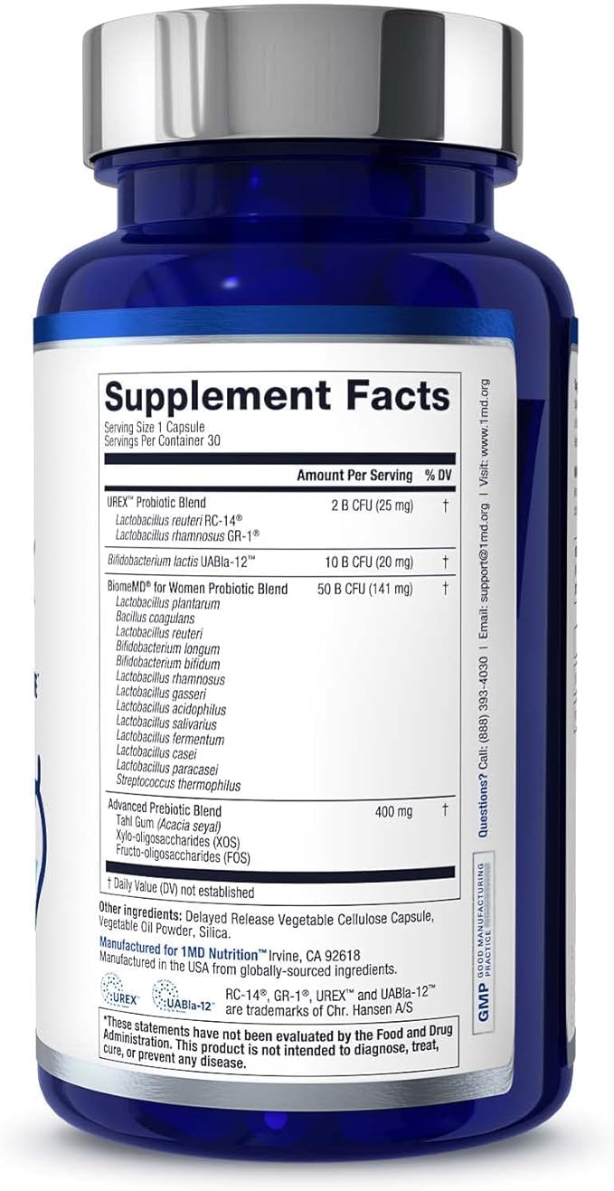 1MD Nutrition BiomeMD Probiotics for Women - Daily Prebiotics and Probiotics for Women - More Than 60 Billion CFUs, 15 Strains - Womens Probiotic to Support Urinary & Vaginal Health - 30 Capsules