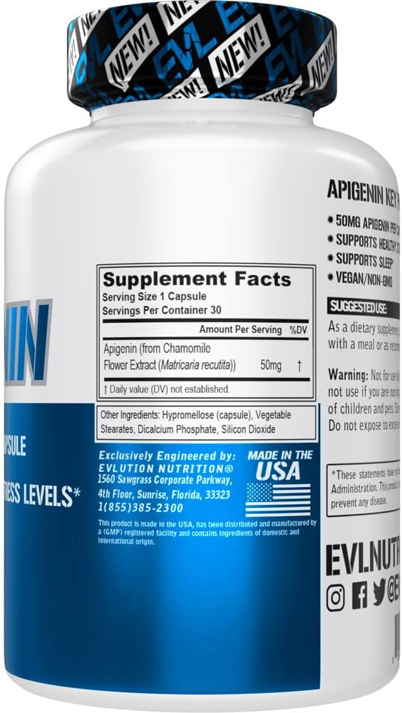 Evlution Apigenin Supplement from Chamomile Extract - Relaxing Apigenin 50mg per Serving for Stress & Mood Support Nutrient Nutrition Vegan Non-GMO Herbal Sleep Supplement (30 Servings)