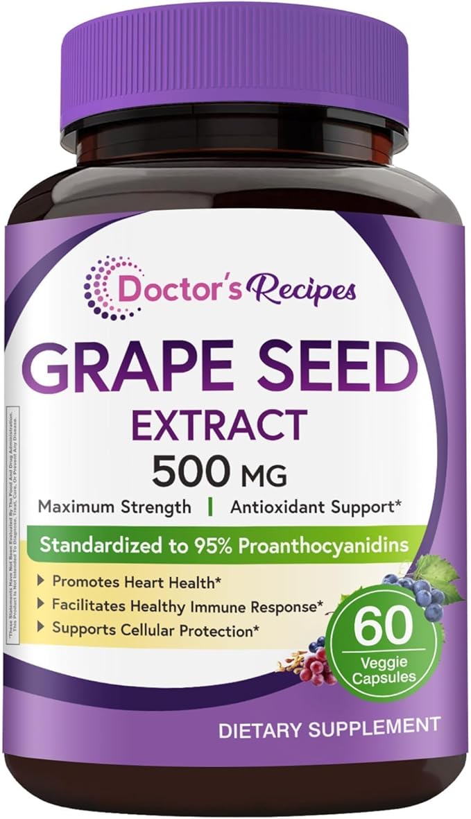 Doctor's Recipes Grape Seed Extract, 500 mg Standardized Extract with 95% Proanthocyanidins, Non-GMO, Antioxidant Support, Heart, Immune & Skin Health, 60 Veg Caps