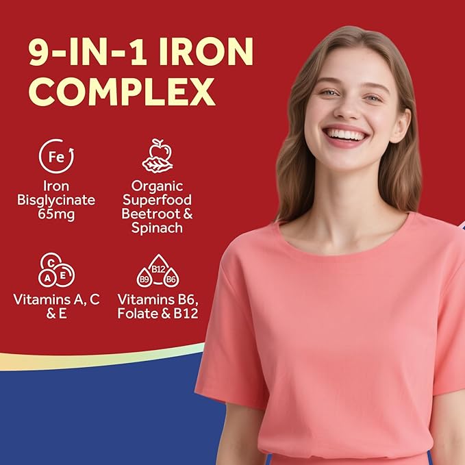 Doctor's Recipes Iron Supplement for Women, 65 mg Iron Bisglycinate, w/Vitamins C, B6, Folic Acid & B12, Beet Root & Spinach, Energy Production & Blood Health, Stomach Friendly, 30 Vegan Capsules