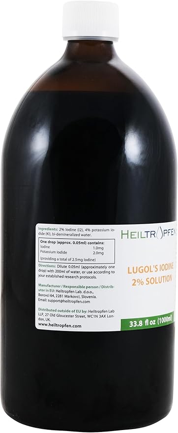 2% Lugols Iodine Solution | 33.8 Fl Oz - 1000 ml | Third-Party Tested | Pharma Grade Ingredients | Made with 2 Percent Iodine and 4% Potassium Iodide | Glass Bottle | Lugol's Solution | Heiltropfen®